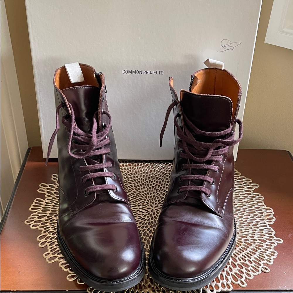 Common Projects Men's Dark Burgundy Leather Combat Boots